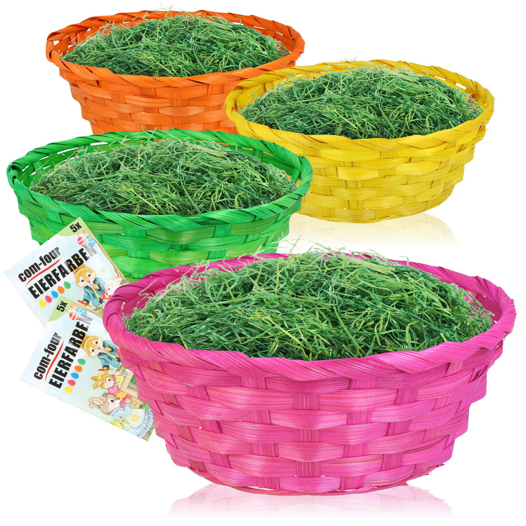 com-four® 4X Bunte Bastkörbe und Eierfarben als Dekoration zu Ostern - Osternest in tollen Farben -