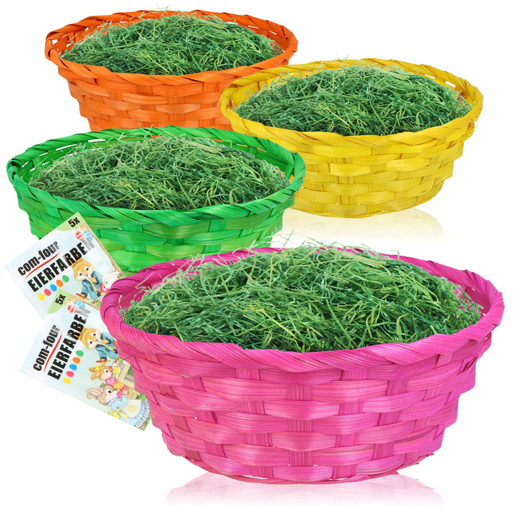 com-four® 4X Bunte Bastkörbe und Eierfarben als Dekoration zu Ostern - Osternest in tollen Farben -