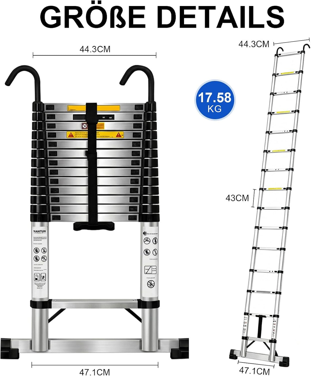 6,3-Meter Teleskopleiter mit verstärkten Haken, extra hoher Anti-Schwenk-Erweiterungseil, 150 kg Ant