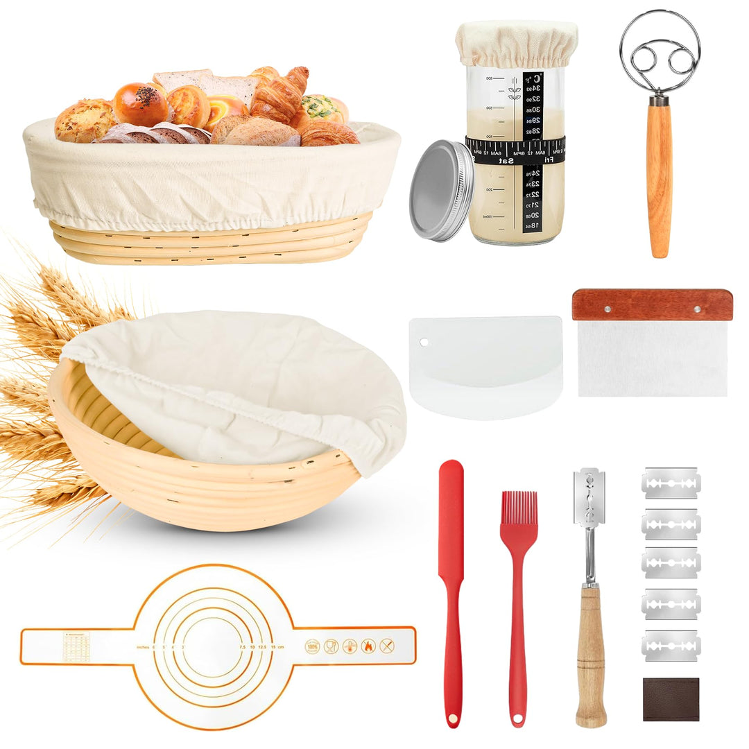 10 Stück Sauerteig Starter Set, 23 cm runde und 25 cm ovale Gärkörbchen, 730 ml Gärgläser, Teigbackz
