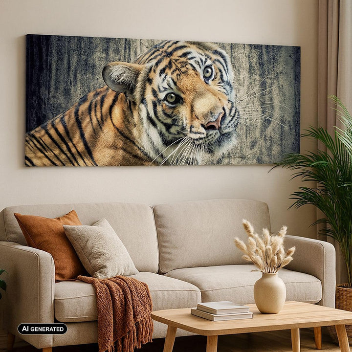 Wandbilder Dekoration Wohnzimmer Indien stein tiger wild Panorama Bilder auf Leinwand 120x50cm Leinw