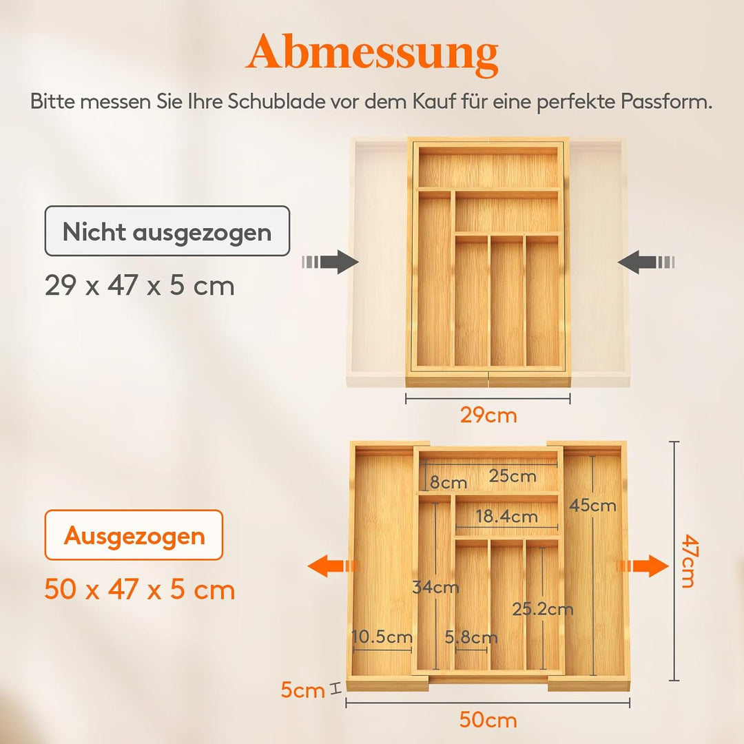 Lifewit Besteckkasten für Schubladen, Tiefe 47 cm, Ausziehbarer Besteckeinsatz Breite bis zu 50 cm,
