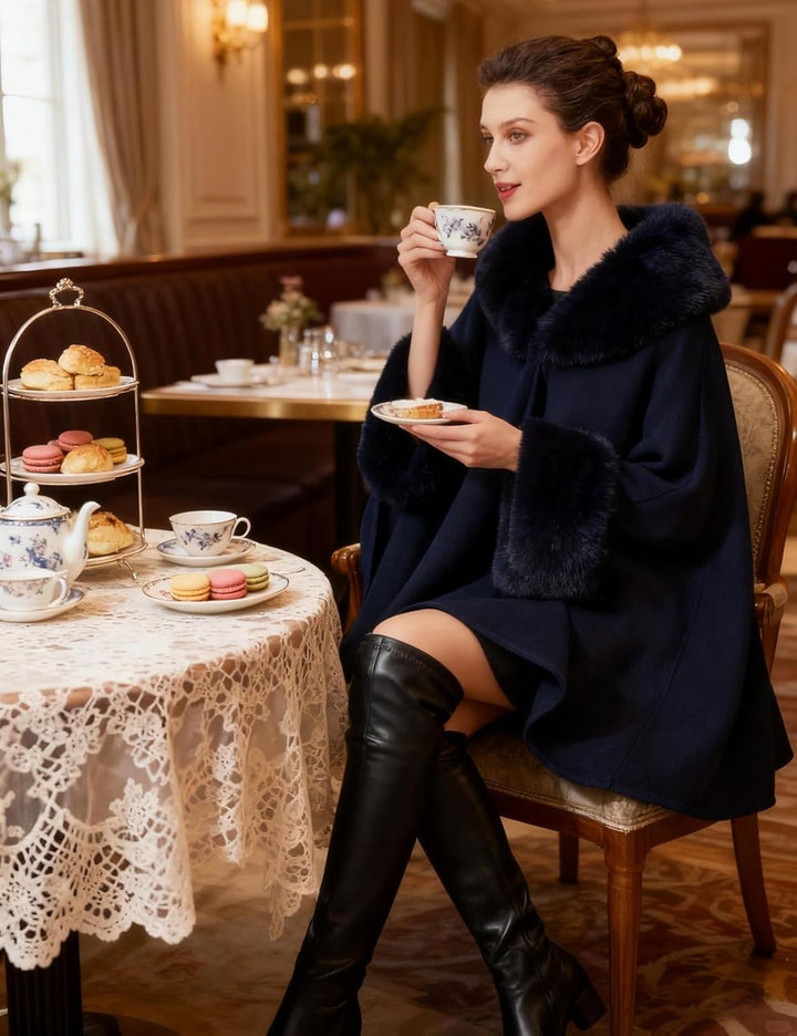 BEAUTELICATE Kunstpelz Poncho Stola Damen Umhang Cape Herbst Strickjacke Winter Mantel Mit Kunstfell
