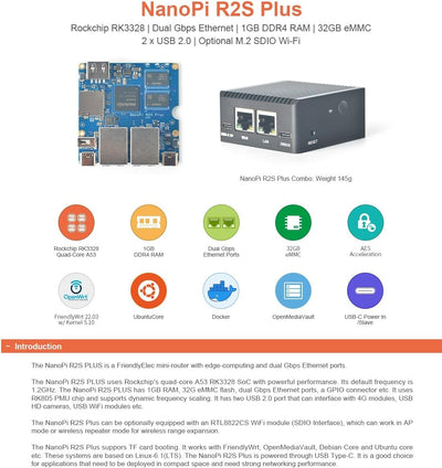 youyeetoo FriendlyElec Nanopi R2S Plus mini Router, 1GB DDR4, 32GB eMMC, RK3328 Soc, OpenWRT mit Dua
