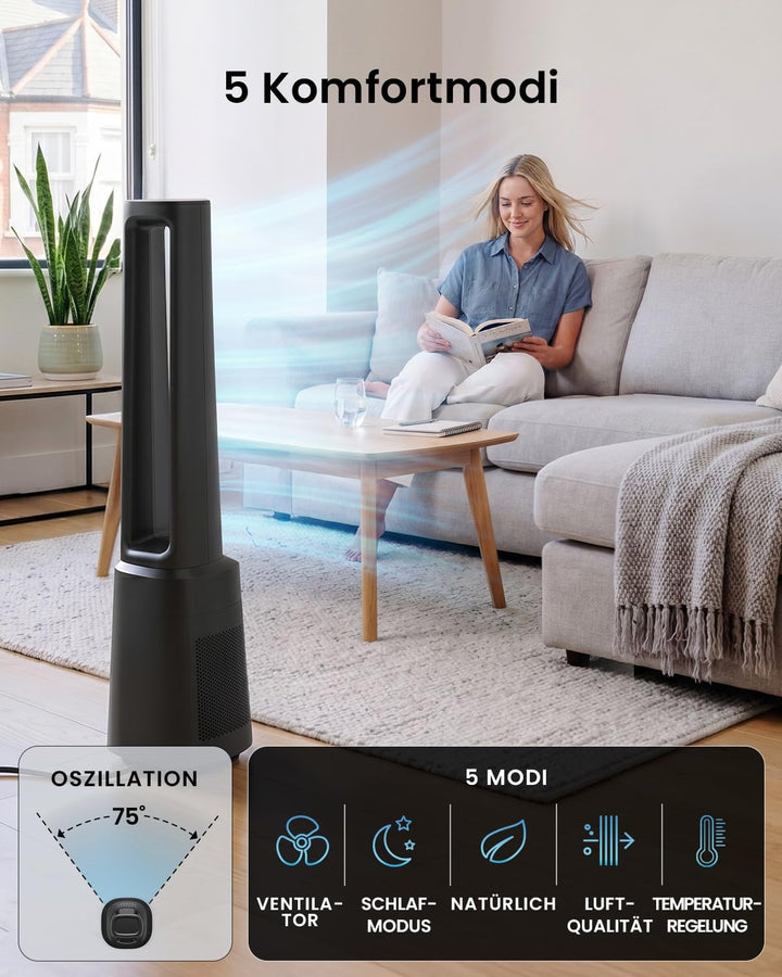 Pro Breeze OmniAir 105cm rotorloser Ventilator mit Luftreiniger - Ventilator oszillierend 75° - Fern