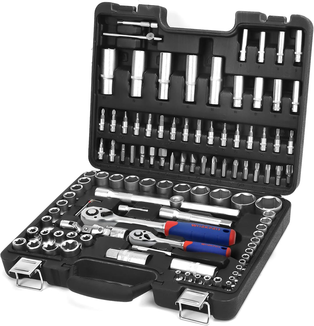 WORKPRO Steckschlüsselsatz 108-teilig, Knarrenkasten Ratschenkasten für Auto, mit 1/4" und 1/2" Umsc