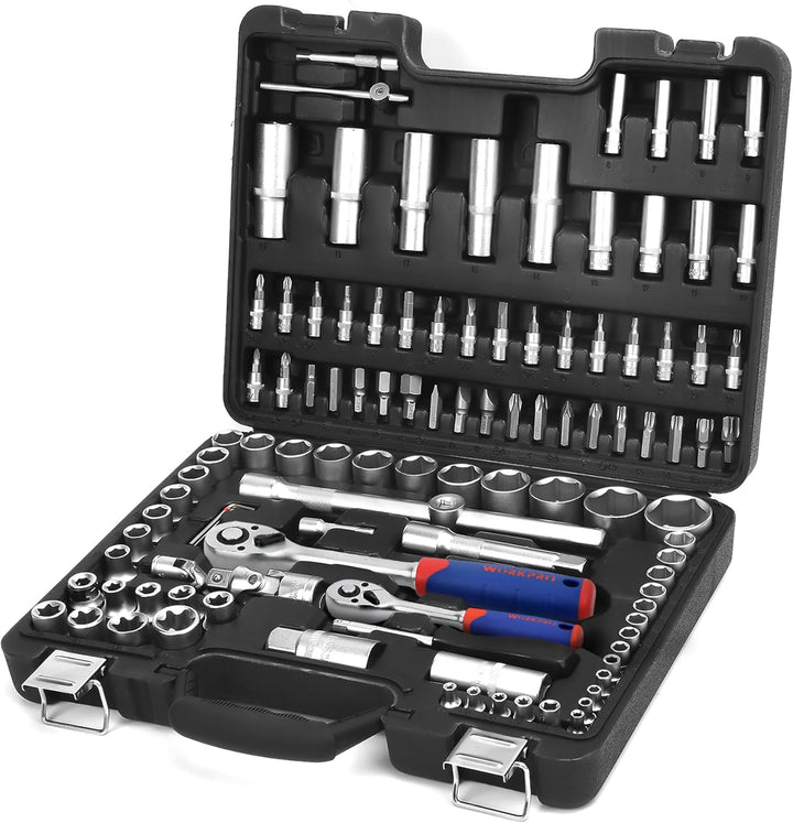 WORKPRO Steckschlüsselsatz 108-teilig, Knarrenkasten Ratschenkasten für Auto, mit 1/4" und 1/2" Umsc
