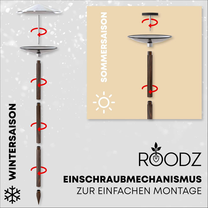 ROODZ Vogelhaus und Vogeltränke 2in1 mit Ständer Wetterfest, aus Rostfreiem Edelstahl, Designer-Voge