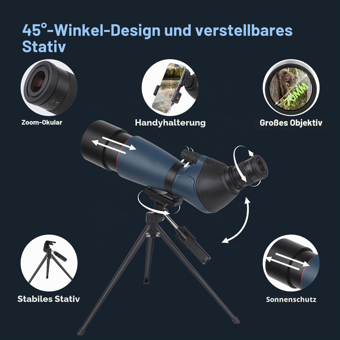 25-75x70 HD Spektiv Sportschützen mit Stativ- und Smartphone-Adapter, Zoom Bak4 Prism FMC Lens 45-Gr