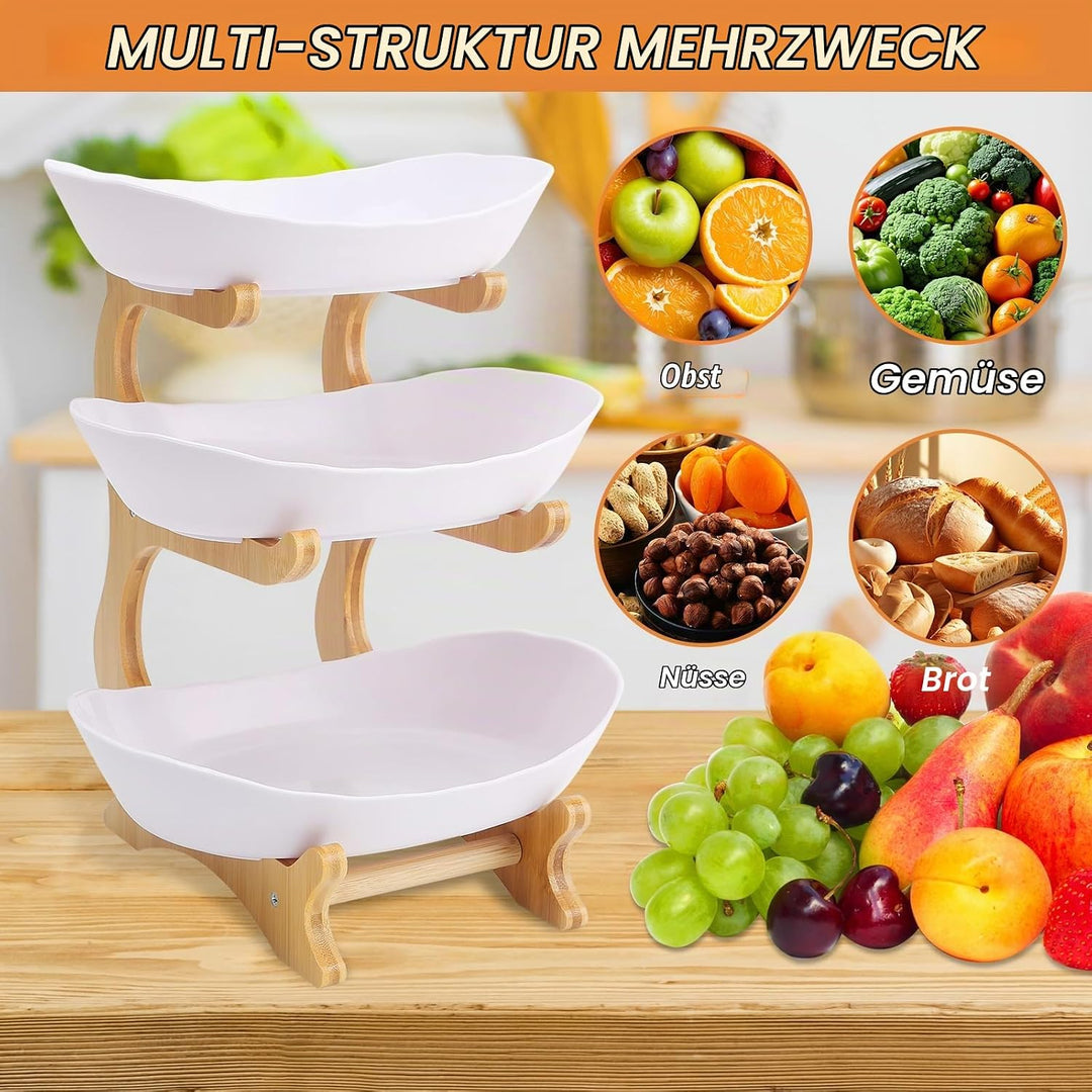Obstschalenkorb, 3-stöckig, Servierschalen, Tablett-Set, Obstkorbständer mit Holzregal für Unterhalt