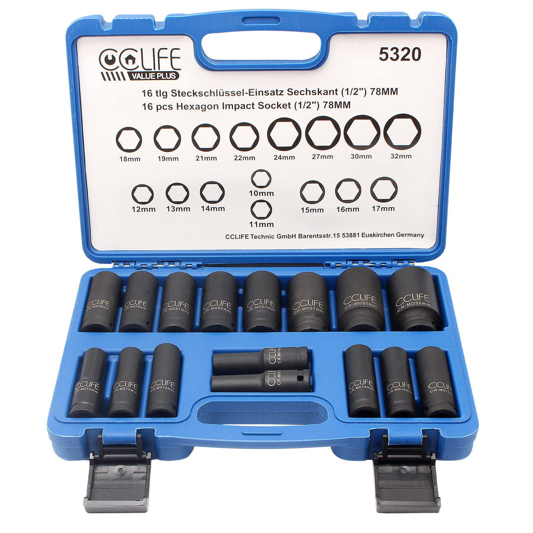 CCLIFE 16tlg 1/2' Schlagschrauber Nüsse Set, 10-32mm Cr-Mo Sechskant Kraft Nuss Steckschlüssel Schla