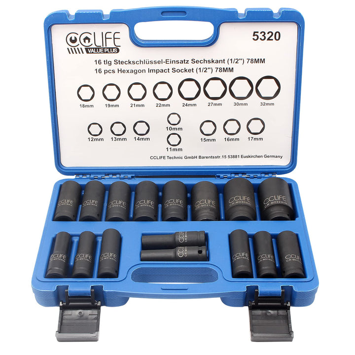 CCLIFE 16tlg 1/2' Schlagschrauber Nüsse Set, 10-32mm Cr-Mo Sechskant Kraft Nuss Steckschlüssel Schla