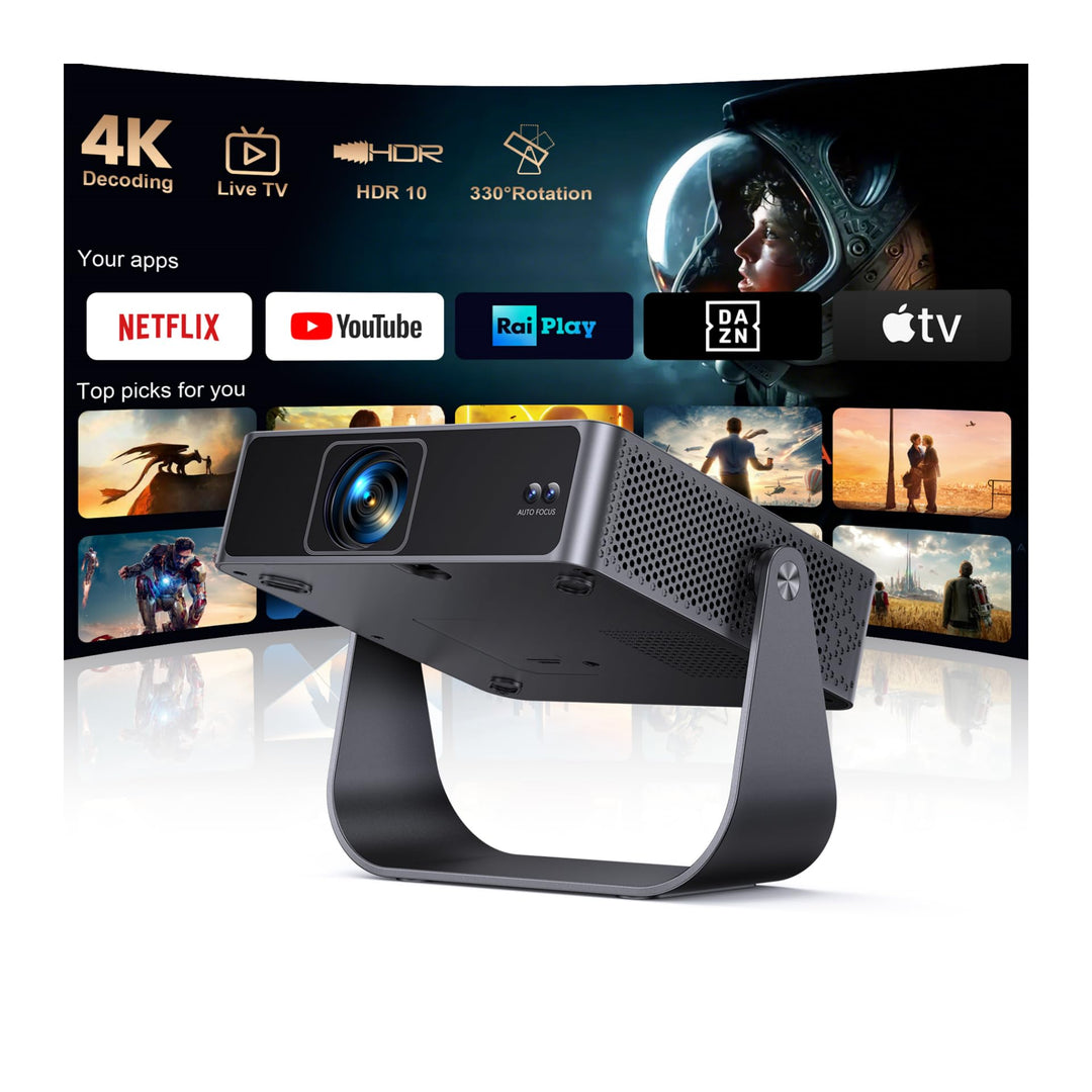 Smart Beamer【Kompatibel mit Netflix/Live TV/330° Drehbar】 Mini Beamer 4K mit Autofokus/6D Trapezkorr