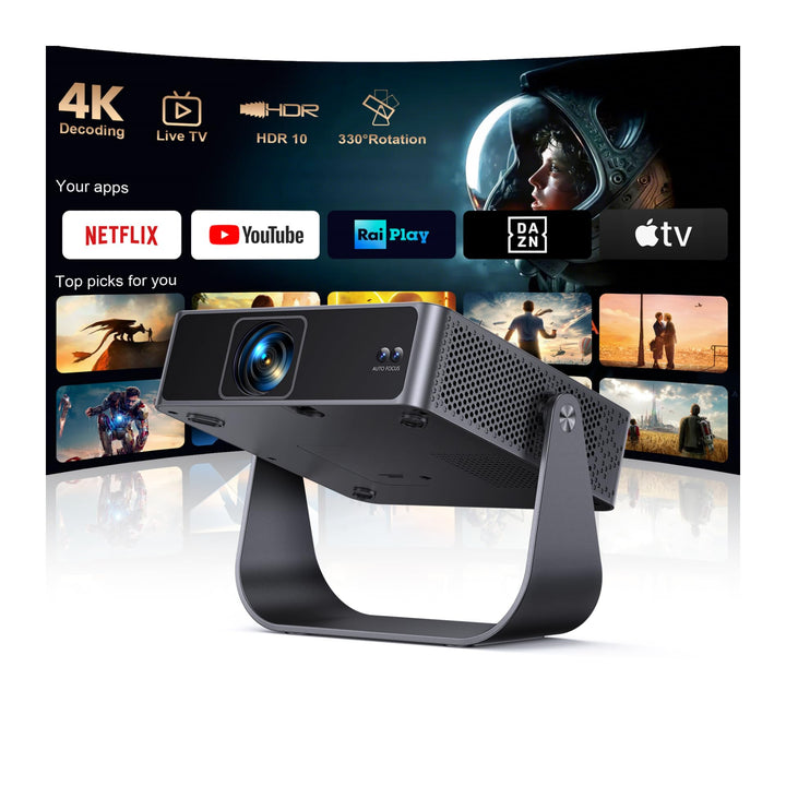 Smart Beamer【Kompatibel mit Netflix/Live TV/330° Drehbar】 Mini Beamer 4K mit Autofokus/6D Trapezkorr