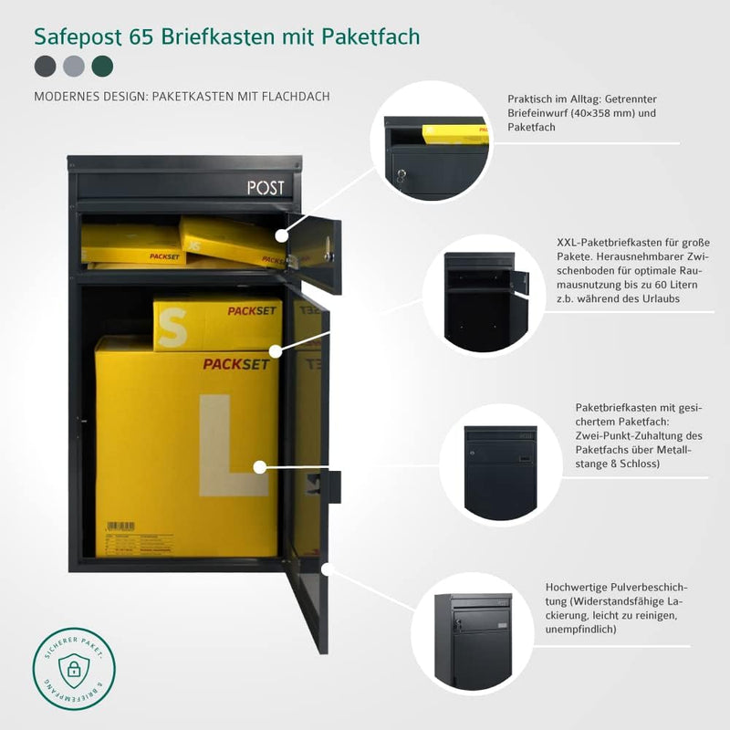 Paketbriefkasten Safepost 65 Paketbox racinggreen (RAL 6009) grosser Briefkasten grün mit Paketfach