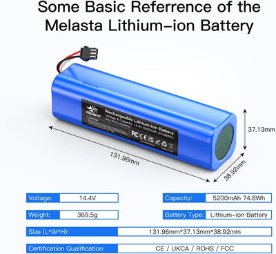 melasta 14.4V Li-Ion 5200 mAh Ersatz Akku Batterie für Proscenic M7 M8 Pro/Lydsto R1 / Uoni V980 Plu