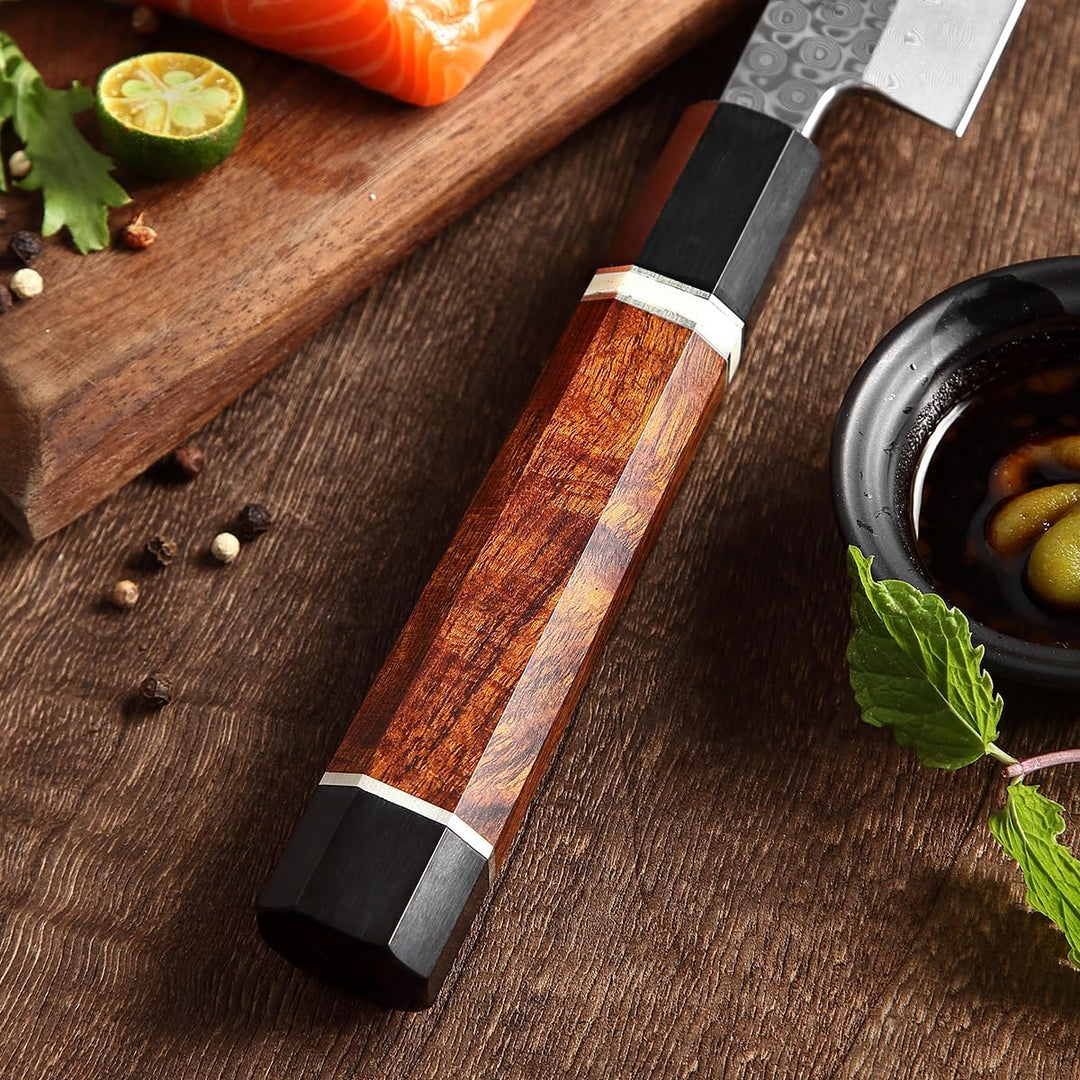 Wakoli Seishin Kiritsuke Damastmesser – 28cm Klinge aus 110 Lagen Volldamaststahl, Griff aus Wüstene