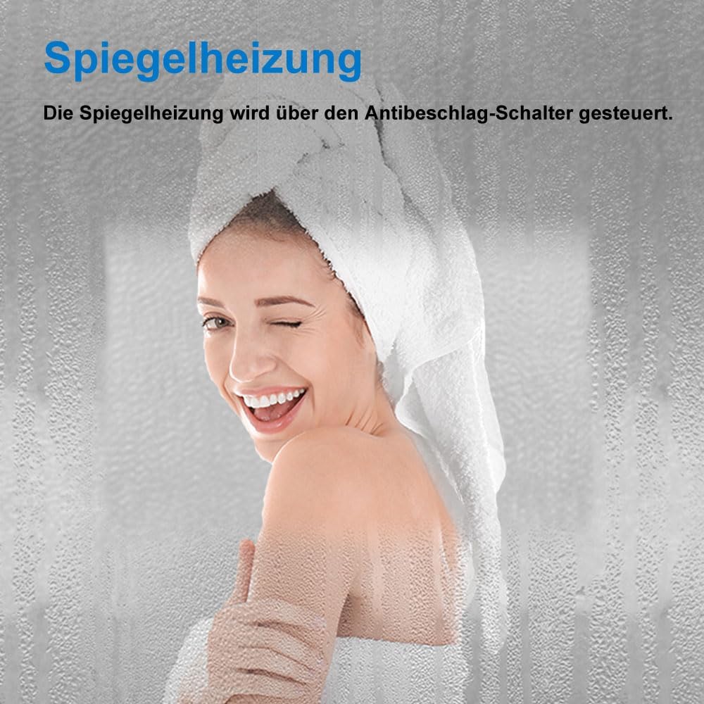 LED Badspeigel 70×50cm Bluetooth Uhr 3 Lichfarbe dimmbar Memory Wand/Touchschalter Anti-Beschlag Spi