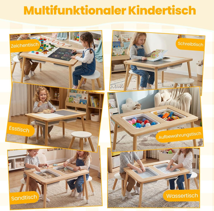 COSTWAY 6 in 1 Kinder Spieltisch, sensorisch Tisch mit doppelseitigen Tischplatte & 2 faltbaren Behä