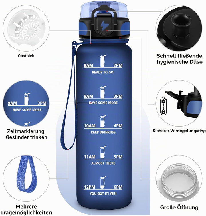 Trinkflasche 500ml/1L, Trinkflasche mit Zeitmarkierung und Filter, Auslaufsicher Wasserflasche Kohle