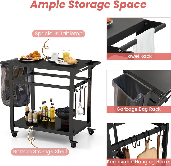 KOMFOTTEU Servierwagen Grillwagen Metall, Garten Rollwagen mit Arbeitstisch, 2 Ablagen & Haken, Gril