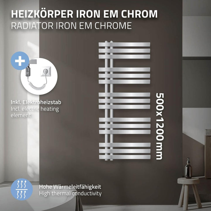 ECD Germany Iron EM Design Badheizkörper Elektrisch mit Heizstab 1200 W - 500 x 1200 mm - Chrom - De
