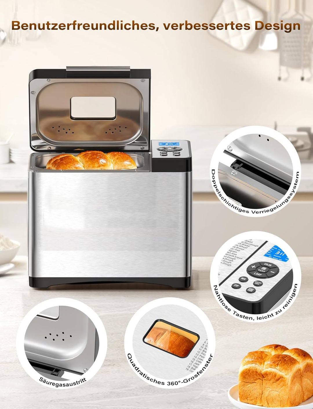 Brotbackautomat 1kg Edelstahl mit Keramikpfanne, 19 Automatischer Programme inkl. individuell progra
