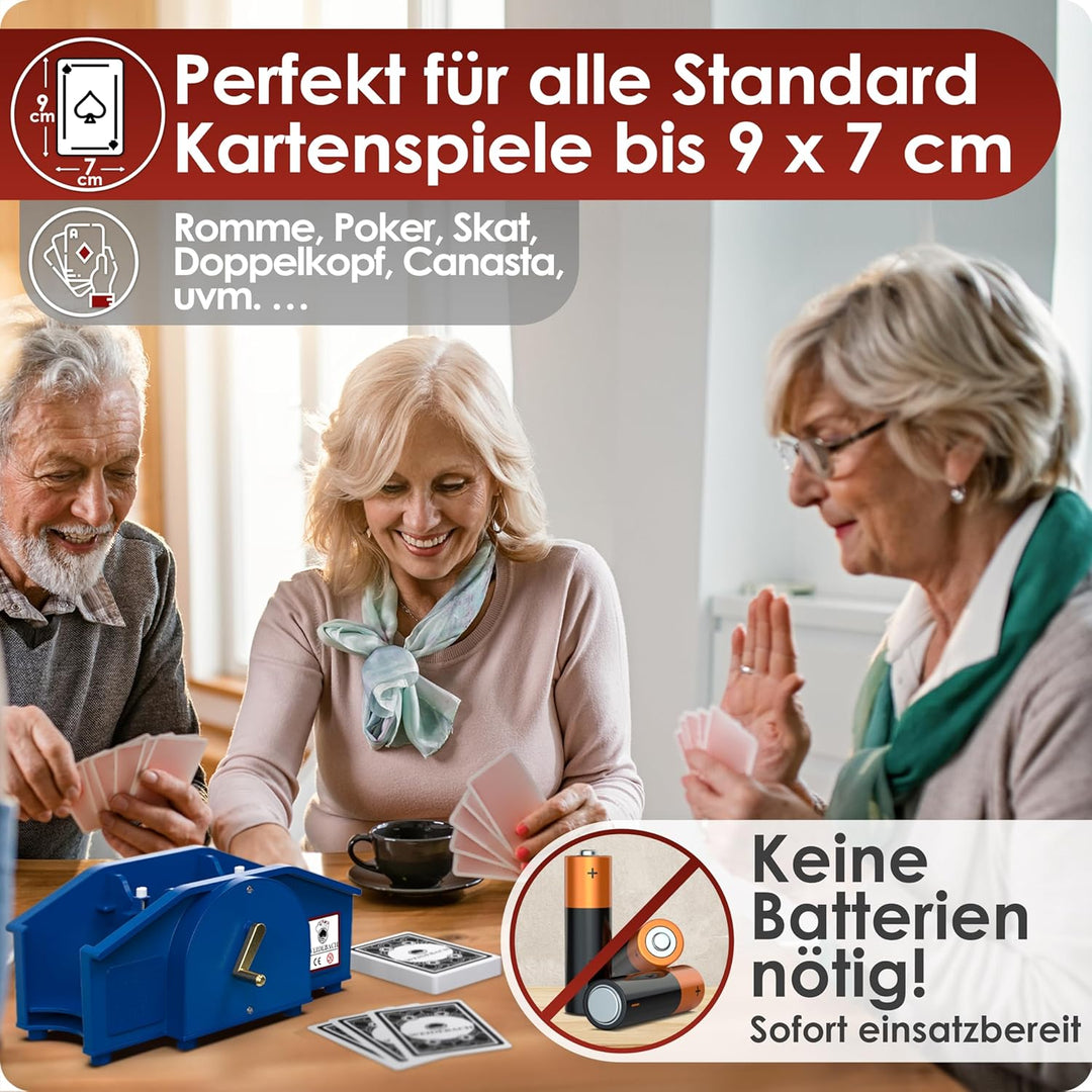 Weidebach® Blaue Kartenmischmaschine mit Goldener Kurbel für alle Standard Kartenspiele, Kartenmisch