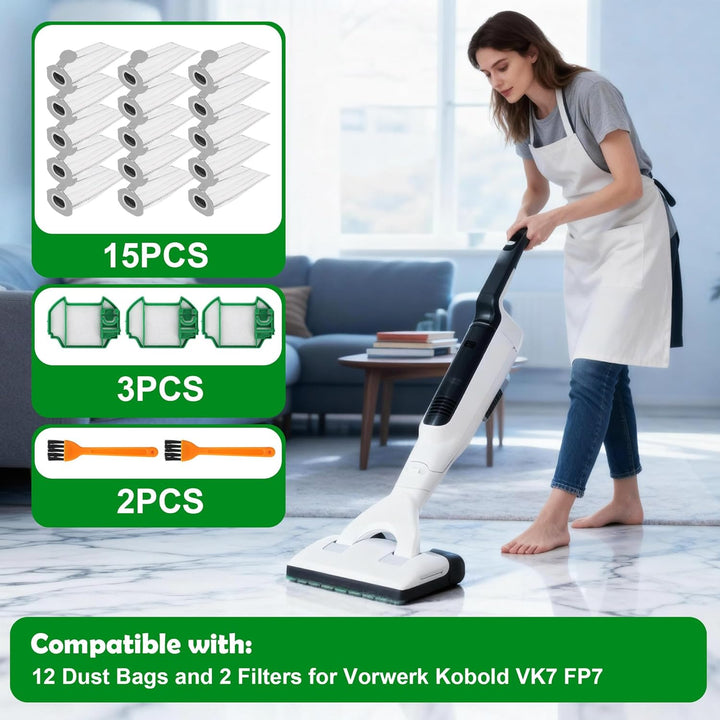 15 Stück Staubsaugerbeutel für Kobold VK7 FP7 Premium Filtertüten Staubsauger Akku Beutel,mit 3 Moto