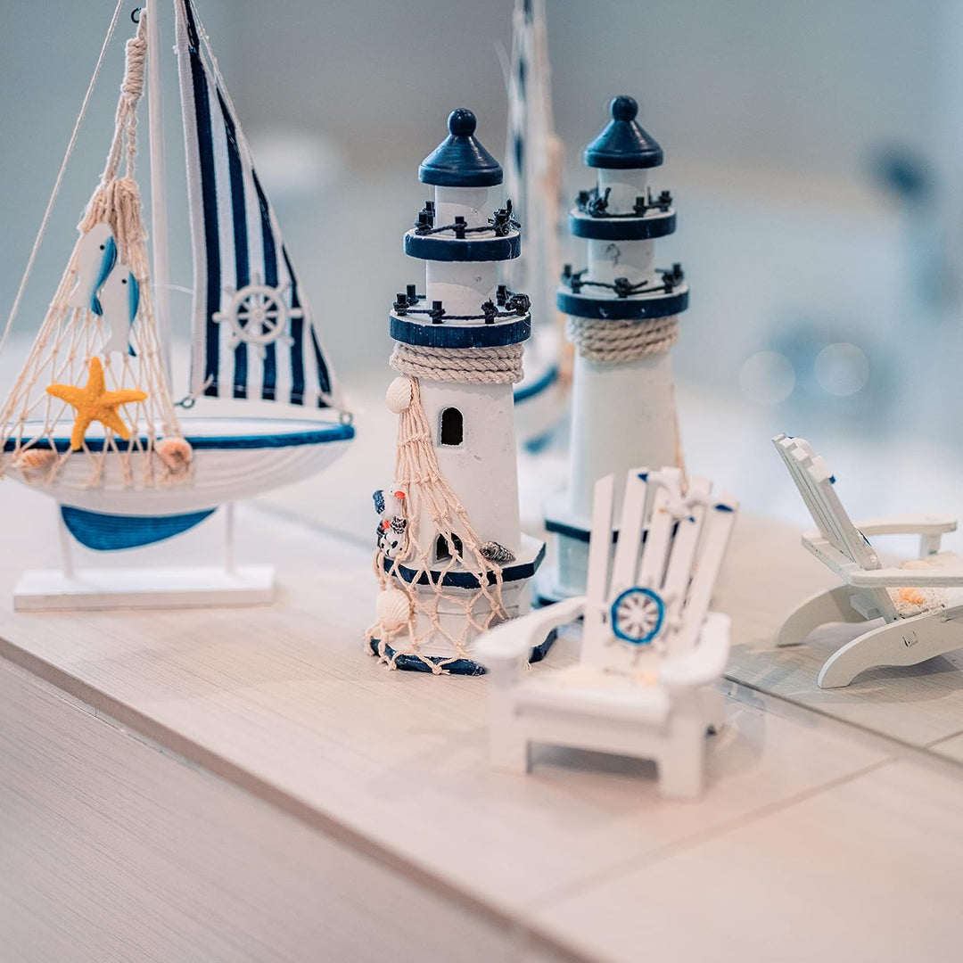 Flanacom Badezimmer Deko - 3er Set - Maritime Badezimmer Deko - Leuchtturm, Segel-Schiff und Strand-
