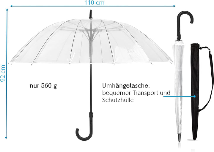 Sternenfunke Regenschirm transparent gross XXL Ø110 cm 16-Rippen Komfort-Druckknopf | Durchsichtiger