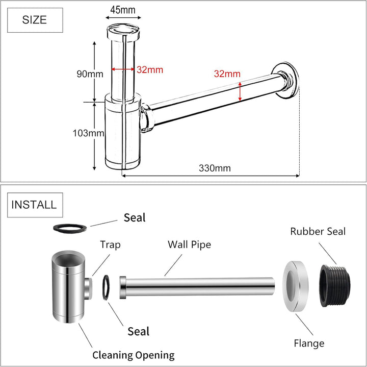 EXLECO Siphon mit Ablaufgarnitur 1 1/4" x Ø 32mm Edelstahl Siphon Geruchsverschluss Verstellbar Univ