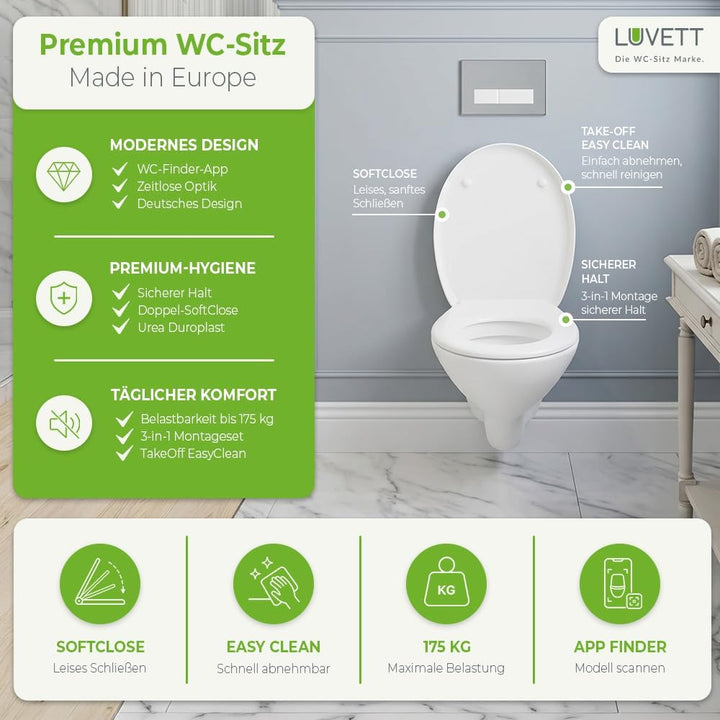 LUVETT® WC-Sitz inkl. 3 Edelstahl Montagelösungen & Absenkautomatik Softclose, Made in EU, antibakte