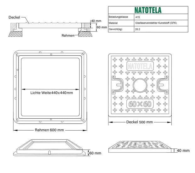 GFK-Schachtabdeckung mit Rahmen: 600x600 mm/Deckelmass: 500x500 mm Kanaldeckel Revisionsschacht für