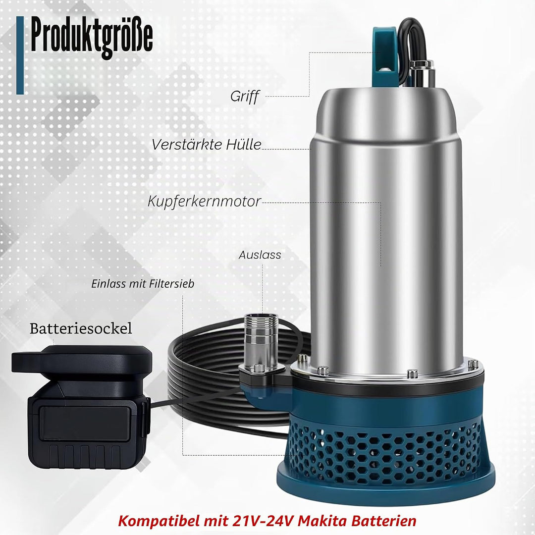 Tauchpumpe, Tauchpumpen Kompatibel mit Makita 24V Akku, Schmutzwasserpumpe mit 10m Schlauch und 5m V