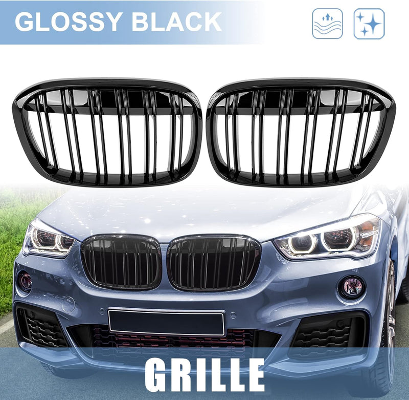 Gangying Kühlergrill Passend für BMW X1 F48 F49 2016 2017 2018 2019 Schwarz Glanz Kühler Front Doppe