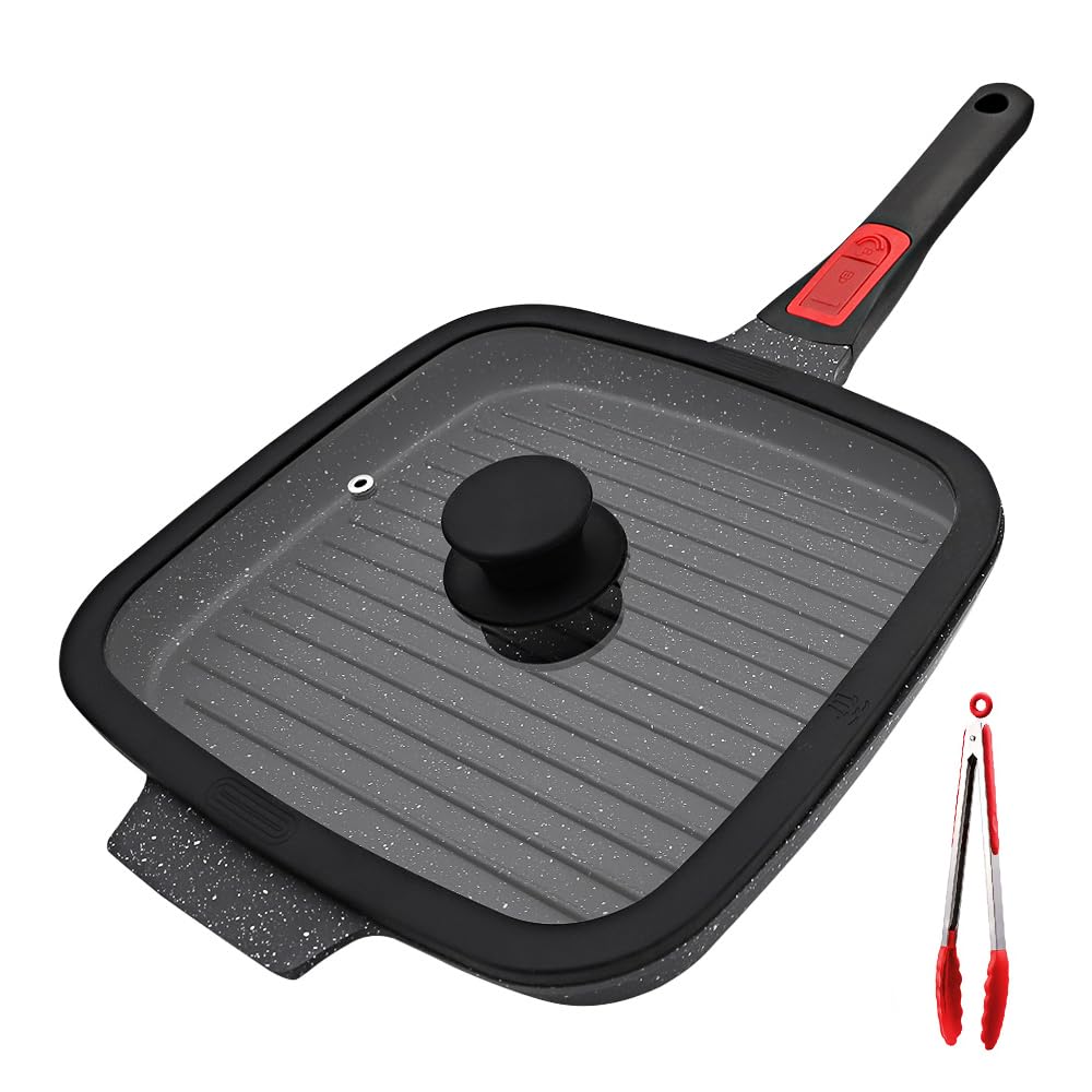 Grillpfanne Induktion mit Abnehmbarer Griff, 26 x 24 cm Steakpfanne mit Deckel Antihaft Beschichtet