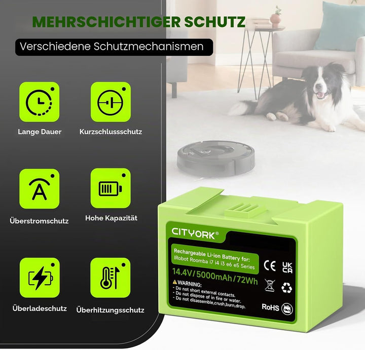 CITYORK 14,4V 5000mAh Lithium-Ionen Batterie für iRobot Roomba j7 und i7 Serie J7/J7+ i7/i7+ 7550,J7