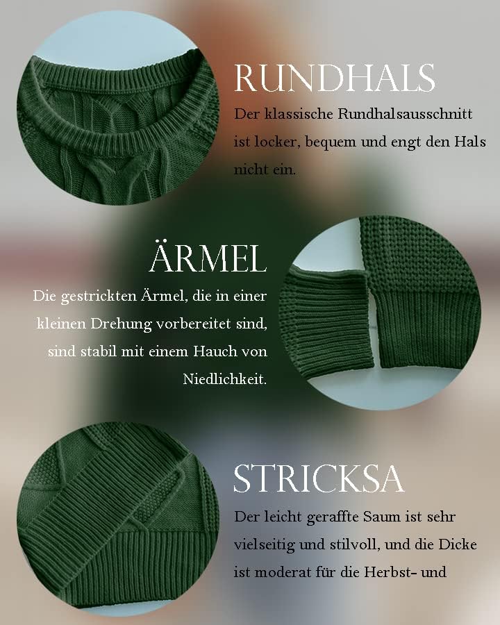 ANCAPELION Damen Kabel Pullover,Winter Casual Leicht Rundhals Langarm Einfarbig Elegant Gerippt Stri