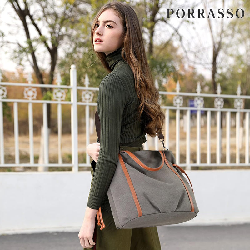 PORRASSO Casual Schultertasche Damen Segeltuch Handtasche Umhängetasche Mädchen Hobotasche Crossbody