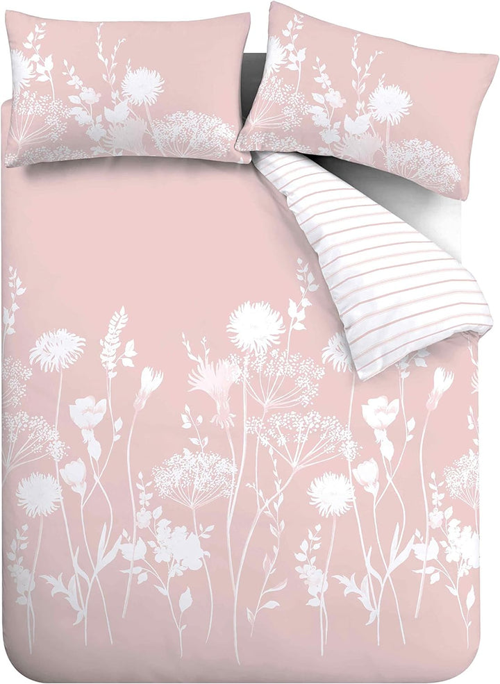 Catherine Lansfield Bedding Meadowsweet Floral King Duvet Cover Set with Pillowcases Blush Pink Blus