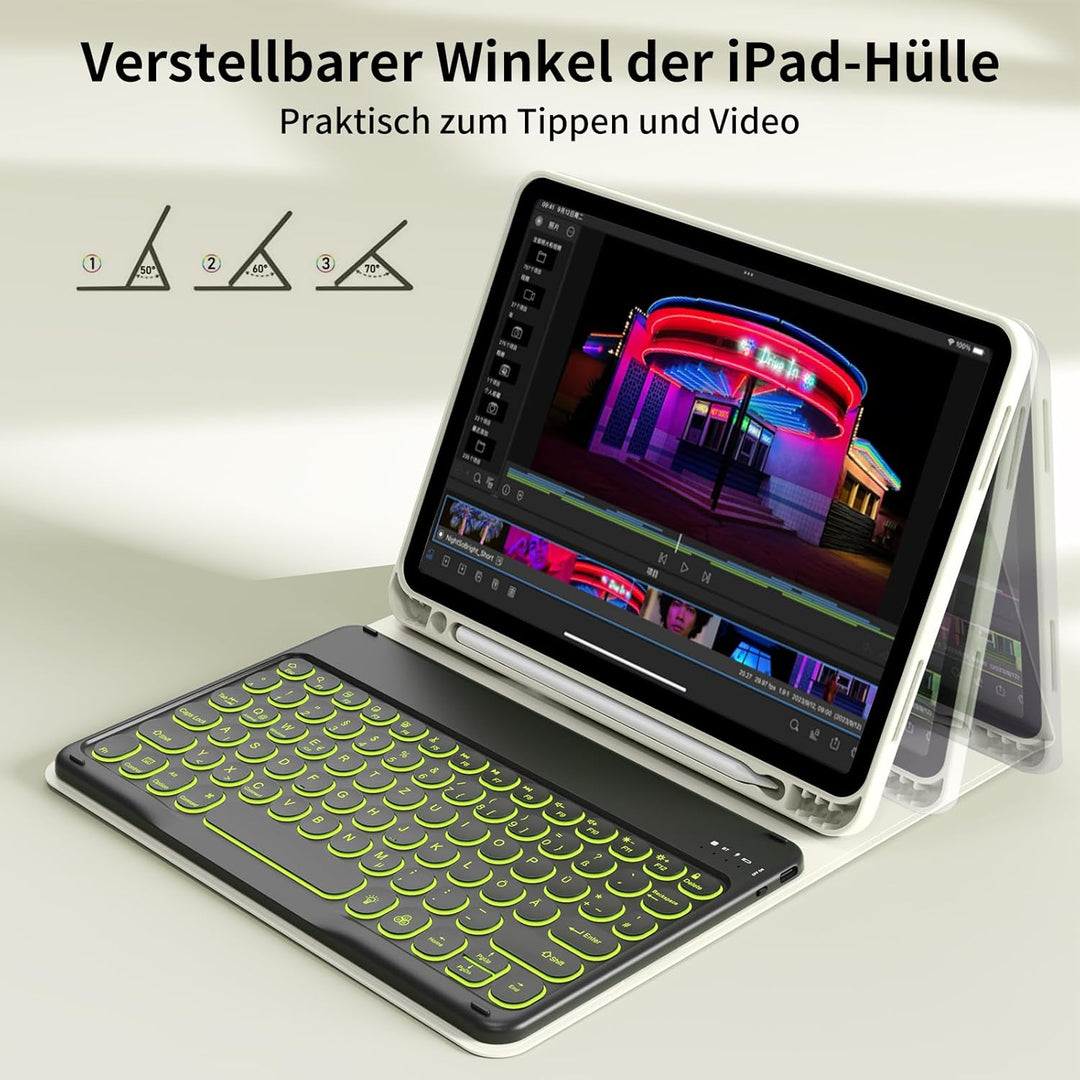 Hülle mit Tastatur Kompatibel mit iPad Air 6./ 5./ 4. Generation 11 Zoll M2/10,9 Zoll, 7 Farbige Bel