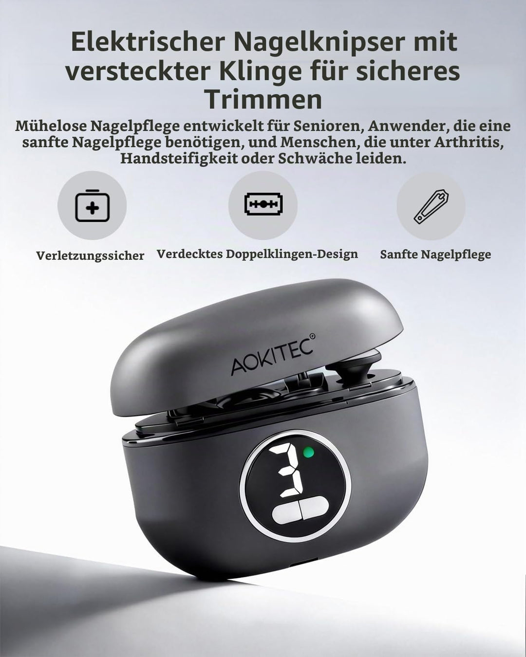 Aokitec Elektrischer Nagelknipser mit doppeltem Sicherheitsklingendesign LED-Licht 3-Speed, 2-in-1 N
