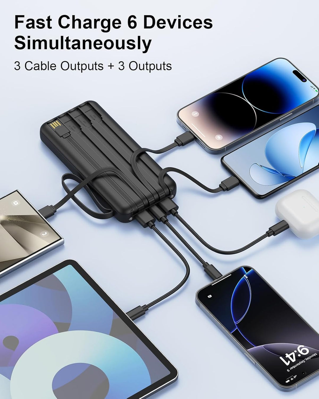 Powerbank mit integrierten Kabeln, 10000mAh, 22,5W Schnellladefunktion, USB-C LED-Anzeige, tragbares