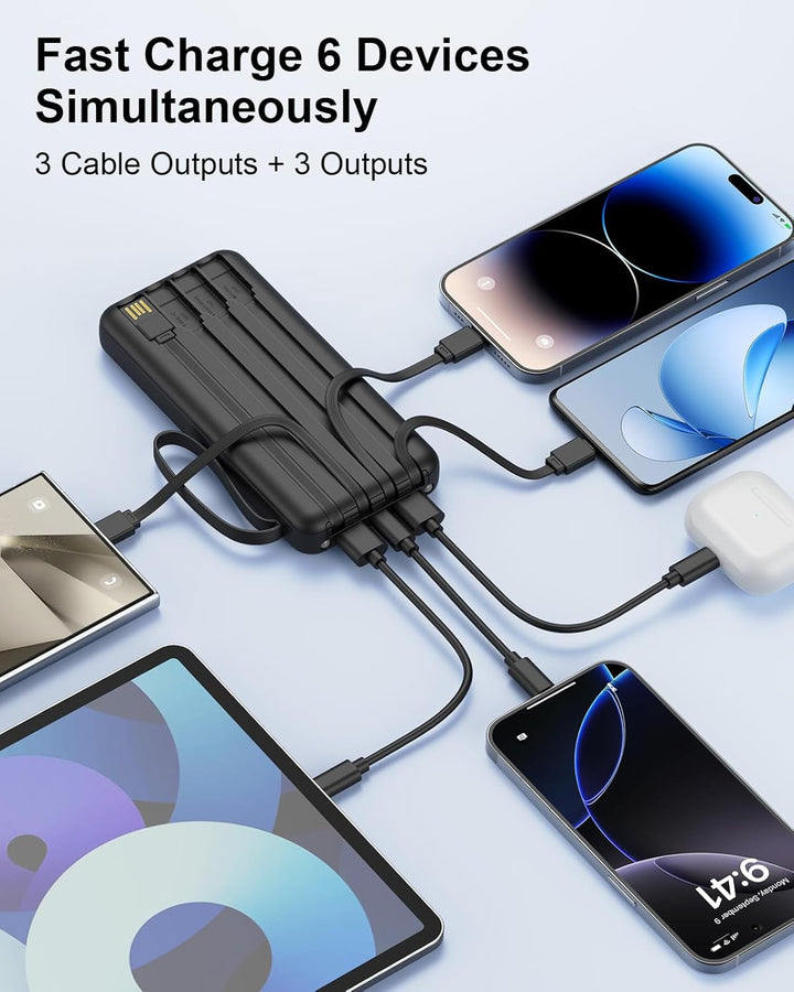 Powerbank mit integrierten Kabeln, 10000mAh, 22,5W Schnellladefunktion, USB-C LED-Anzeige, tragbares