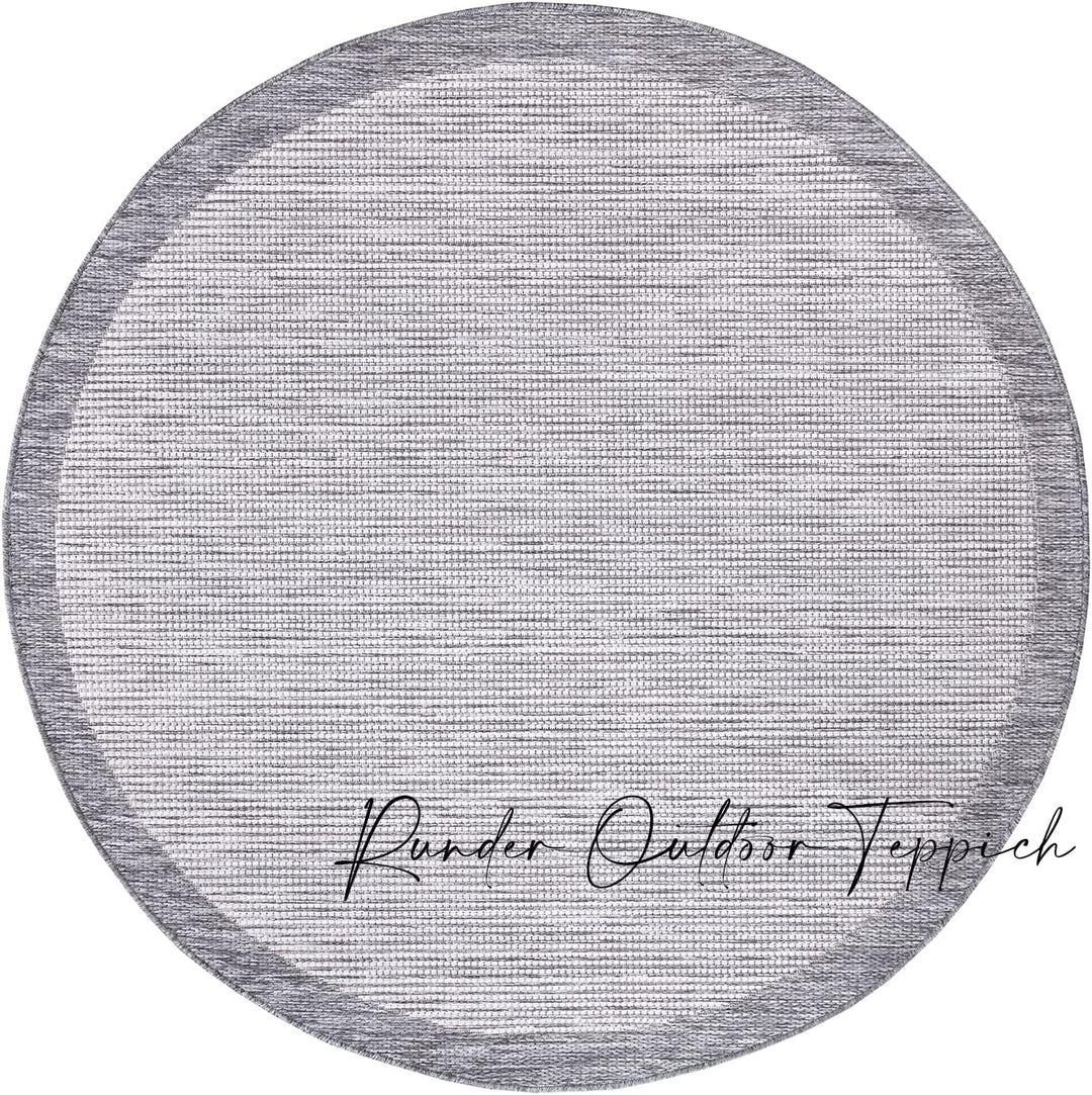 payé Outdoor Teppich Rund - 160x160cm - Wetterfest - Grau Weiss - Bordüre - Teppiche für Terrasse Ba