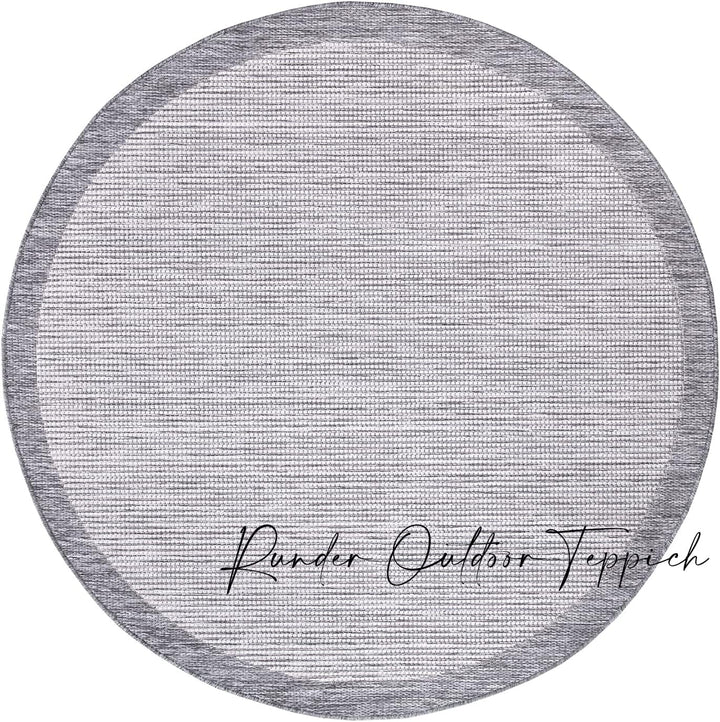 payé Outdoor Teppich Rund - 160x160cm - Wetterfest - Grau Weiss - Bordüre - Teppiche für Terrasse Ba