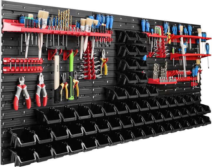 Lagersystem Werkstattregal | 172 x 78 cm | 60 stck. Box | Wandregal mit Werkzeughalterungen und Stap