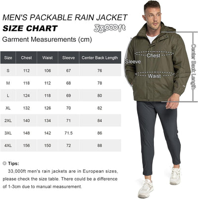 33,000ft Regenjacke Herren Leicht Wasserdicht Faltbare Regenmantel mit Kapuze Fahrrad Rain Windbreak