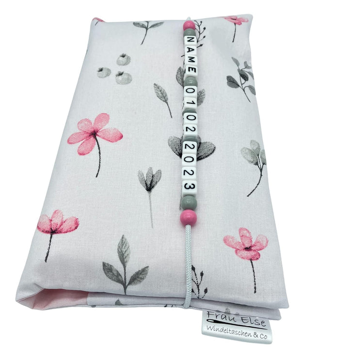 Grosse Windeltasche XXL mit Name Wickeltasche - Blumen weiss rosa grau - für Mädchen